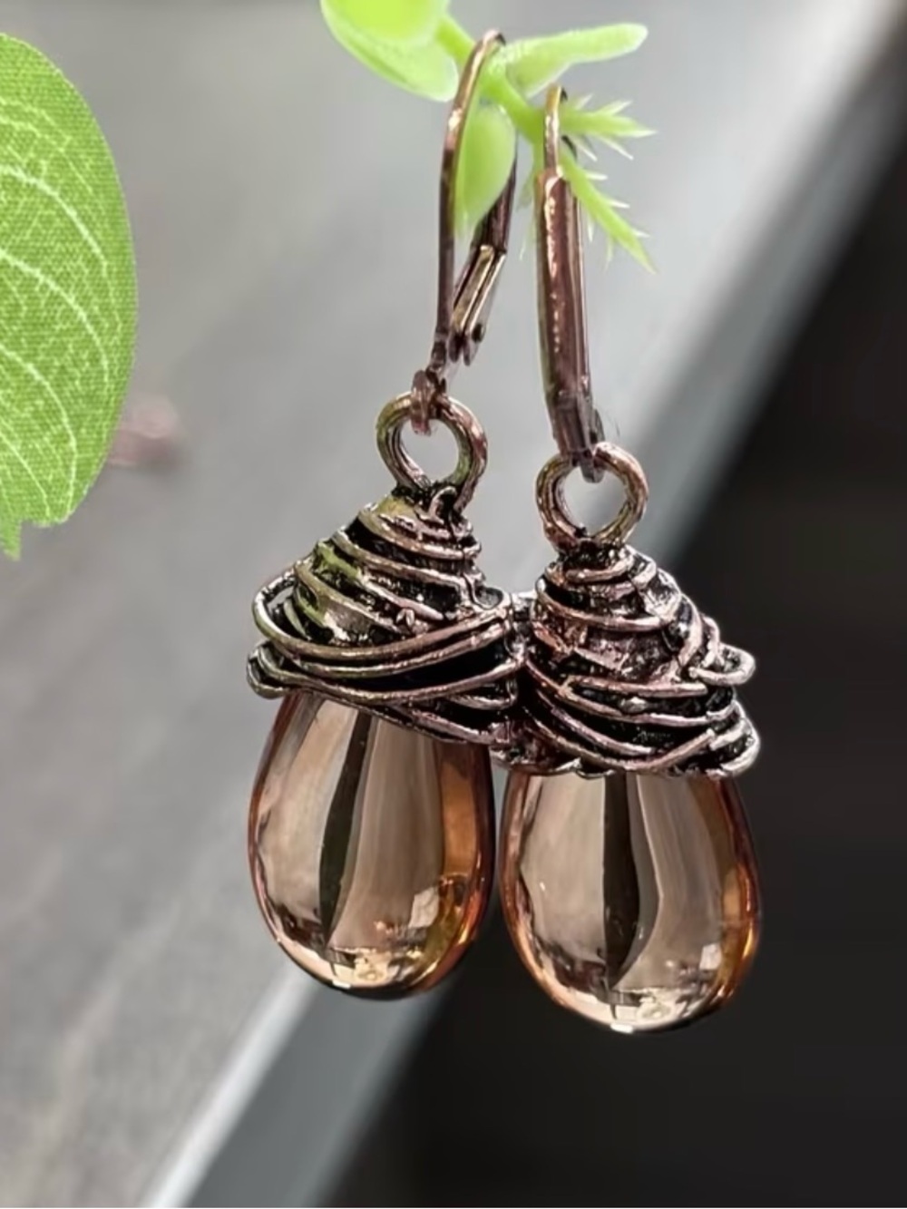 Smoky Teardrop Wire-Wrapped Dangle Earrings - Unbranded
